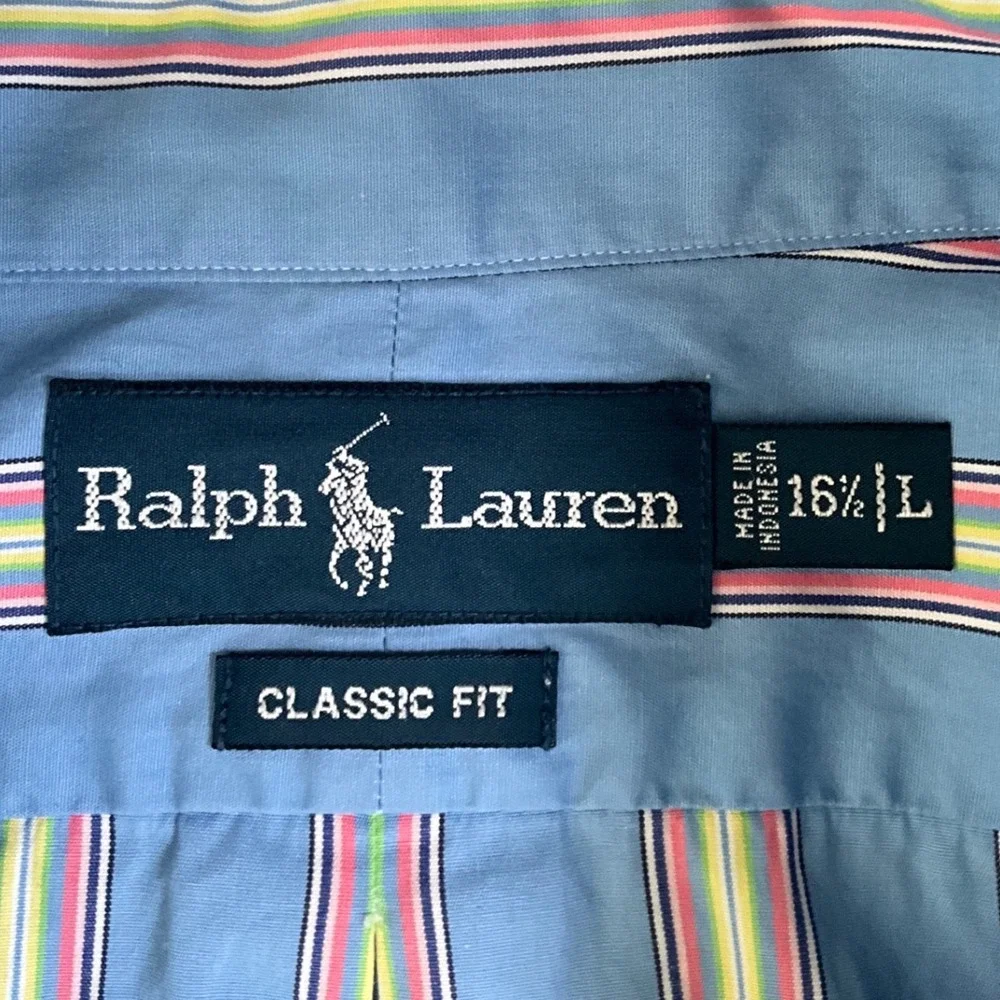 Ralph Lauren Classic Fit Blue Multicolor Stripe Button Down Shirt Mens 16.5 L